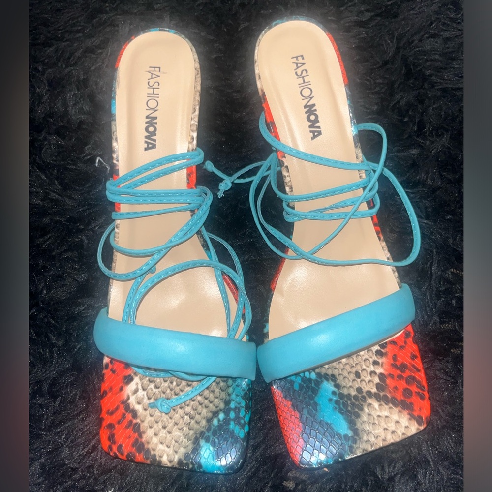 Fashion Nova Red and Blue Strappy Sandals
